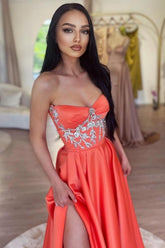 Charming Watermelon Strapless A-Line Beaded Sleeveless Panel Train Satin Evening Dresses With High Slit